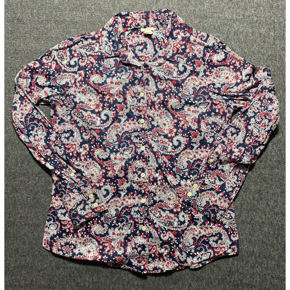J Crew Womens Paisley Floral Cotton Button Down Long Sleeve Shirt Navy Red M